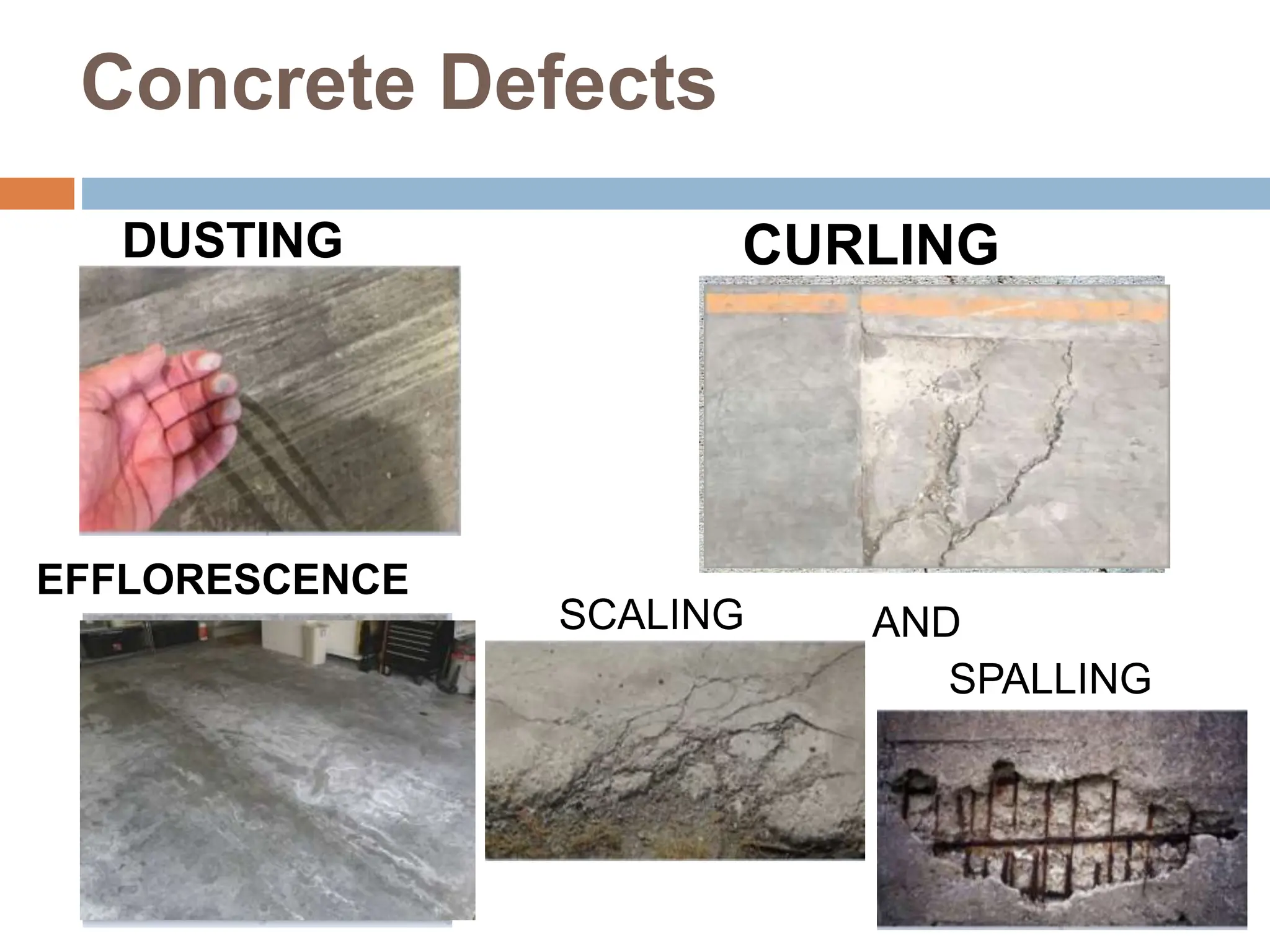 Concrete Defects
DUSTING CURLING
EFFLORESCENCE
SCALING
SPALLING
AND
 