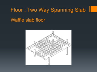 Floor : Two Way Spanning Slab
Waffle slab floor
 