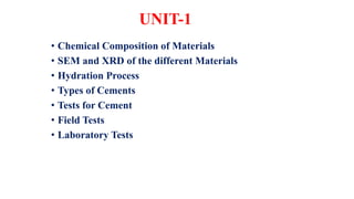 UNIT-1
• Chemical Composition of Materials
• SEM and XRD of the different Materials
• Hydration Process
• Types of Cements
• Tests for Cement
• Field Tests
• Laboratory Tests
 