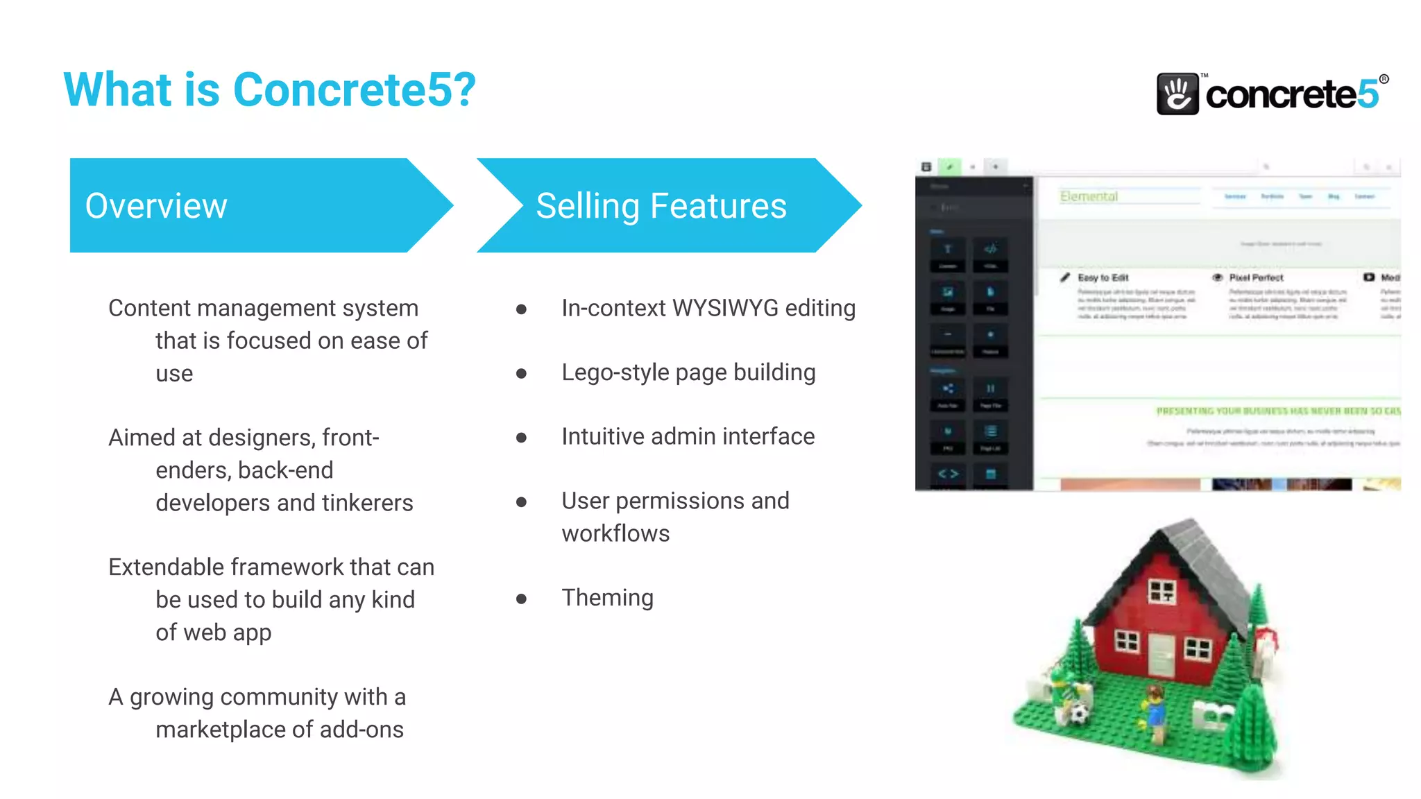 What is Concrete5?
Overview
Content management system
that is focused on ease of
use
Aimed at designers, front-
enders, back-end
developers and tinkerers
Extendable framework that can
be used to build any kind
of web app
A growing community with a
marketplace of add-ons
Selling Features
● In-context WYSIWYG editing
● Lego-style page building
● Intuitive admin interface
● User permissions and
workflows
● Theming
Cool StuffDevelopers
 