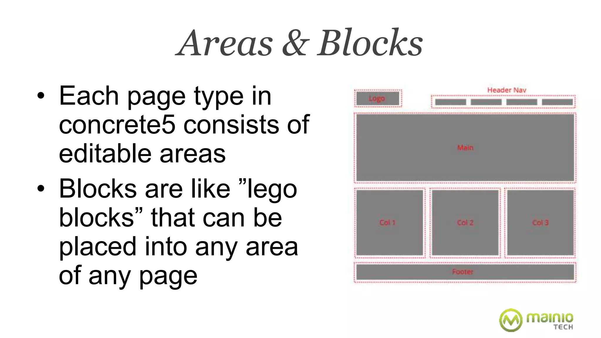 Areas & Blocks 
• Each page type in 
concrete5 consists of 
editable areas 
• Blocks are like ”lego 
blocks” that can be 
placed into any area 
of any page 
 