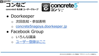 2014.6.22 () 35 ʤ㏊ ǥʩ`ƥĤO롹
 μӷ
o Doorkeeper
? λظ֪?μӱӛߥ˥ƥ`
? concrete5nagoya.doorkeeper.jp
o Facebook Group
? ㏊ޤǤΤhՓϤ
? facebook.com/groups/concrete5nagoya/
ʤ
concrete5  ```
 