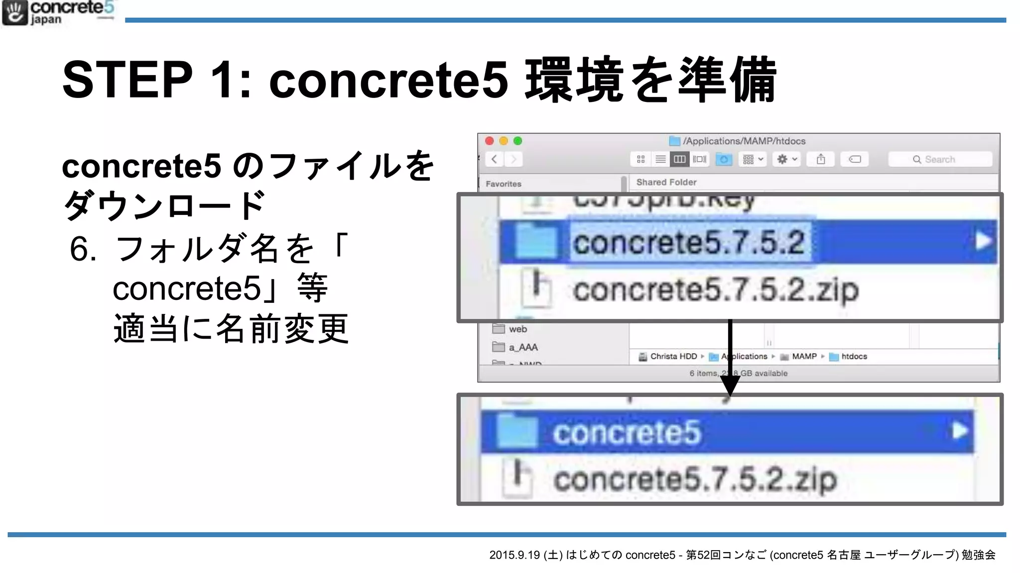 2015.9.19 (土) はじめての concrete5 - 第52回コンなご (concrete5 名古屋 ユーザーグループ) 勉強会
STEP 1: concrete5 環境を準備
concrete5 のファイルを
ダウンロード
6. フォルダ名を「
concrete5」等
適当に名前変更
 