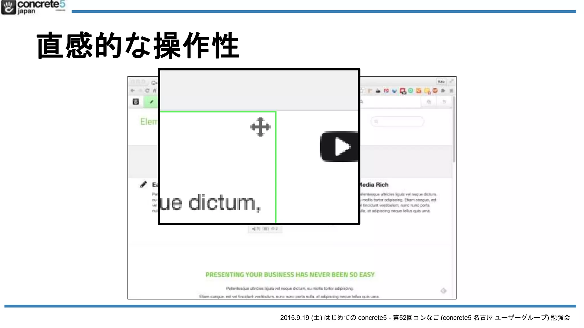 2015.9.19 (土) はじめての concrete5 - 第52回コンなご (concrete5 名古屋 ユーザーグループ) 勉強会
直感的な操作性
 