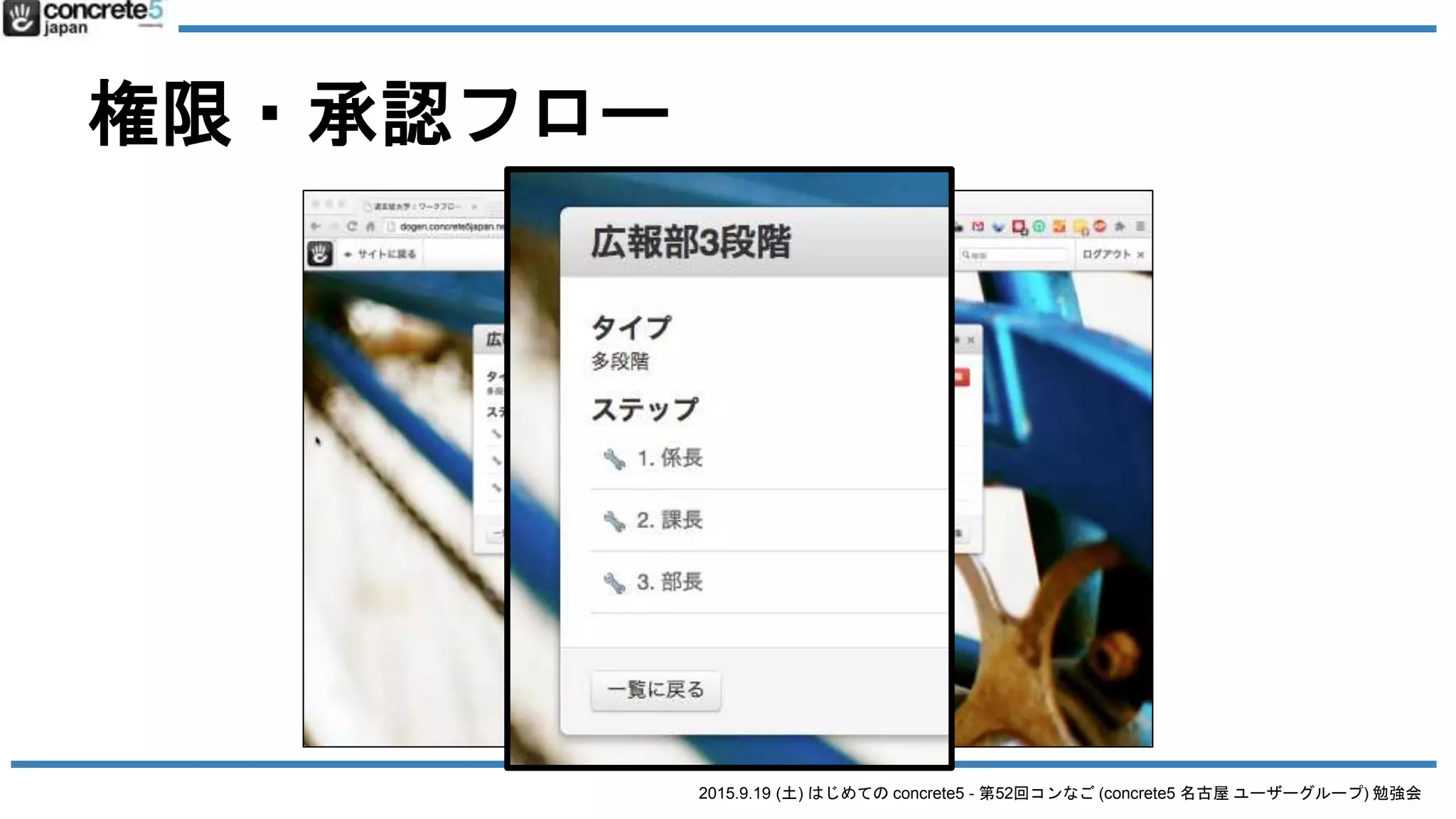 2015.9.19 (土) はじめての concrete5 - 第52回コンなご (concrete5 名古屋 ユーザーグループ) 勉強会
権限・承認フロー
 
