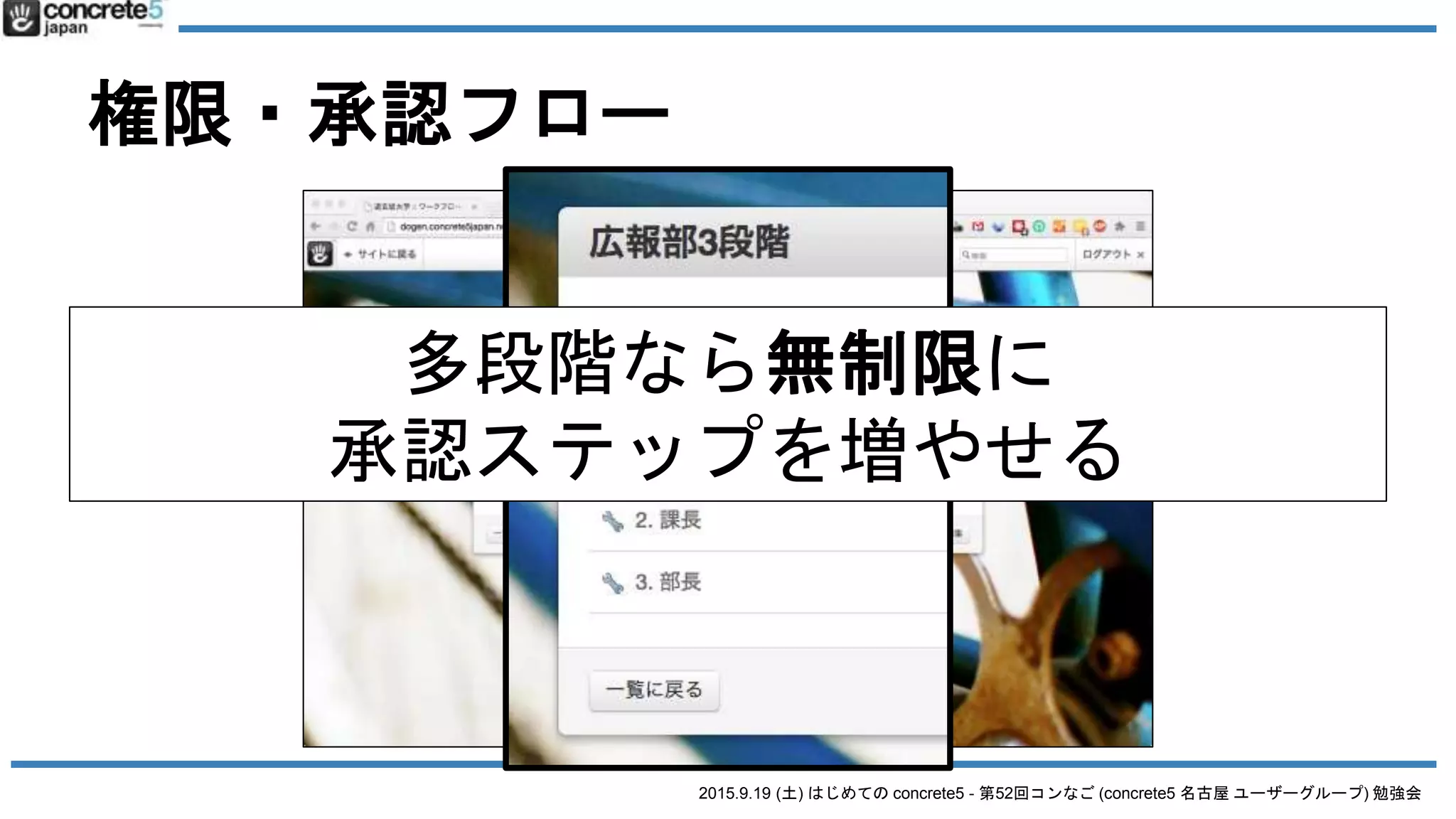 2015.9.19 (土) はじめての concrete5 - 第52回コンなご (concrete5 名古屋 ユーザーグループ) 勉強会
権限・承認フロー
多段階なら無制限に
承認ステップを増やせる
 