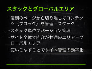 スタックとグローバルエリア
•個別のページから切り離してコンテン
ツ（ブロック）を管理＝スタック
•スタック単位でバージョン管理
•サイト全体で内容が共通のエリア＝グ
ローバルエリア
•使いこなすことでサイト管理の効率化
11
 