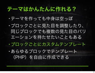 テーマはかんたんに作れる？
•テーマを作っても中身は空っぽ
•ブロックごとに見た目を調整したり、
同じブロックでも複数の見た目のバリ
エーションを持たせたいこともある
•ブロックごとにカスタムテンプレート
•あらゆるブロックでテンプレート
（PHP）を自由に作成できる
19
 