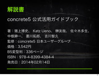 解説書
concrete5 公式活用ガイドブック
著：猪上博史、 Katz Ueno、 榊友哉、 佐々木多生、
中根紳一、 菱川拓郎、 吉川智久
監修：concrete5 日本ユーザーグループ
価格：3,542円
B5変型判：336ページ
ISBN：978-4-8399-4384-4
発売日：2014年02月14日
31
 