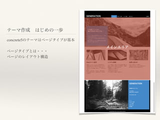 テーマ作成 はじめの一歩
concrete5のテーマはページタイプが基本
ページタイプとは・・・
ページのレイアウト構造
メインエリア
 