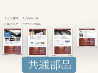 テーマ作成 はじめの一歩
対象とするサイトのデザインを確認
フッターエリア
フッターエリア
フッターエリア
フッターエリア
ヘッダーエリア ヘッダーエリア ヘッダーエリア ヘッダーエリア
共通部品
 