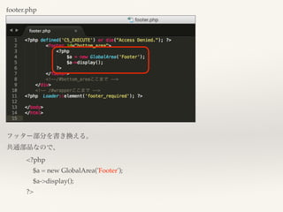 footer.php
フッター部分を書き換える。
共通部品なので、
<?php
$a = new GlobalArea('Footer');
$a->display();
?>
 