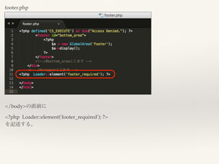 footer.php
</body>の直前に
<?php Loader::element('footer_required'); ?>
を記述する。
 