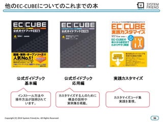他のEC-CUBEについてのこれまでの本 
公式ガイドブック 
基本編 
公式ガイドブック 
応用編 
実践カスタマイズ 
インストール方法や 
操作方法が説明されて 
います。 
カスタマイズする人のために 
構造の説明や 
実例集を掲載。 
カスタマイズコード集 
実践を重視。 
Copyright (C) 2014 System Friend,lnc. All Rights Reserved. 36 
 