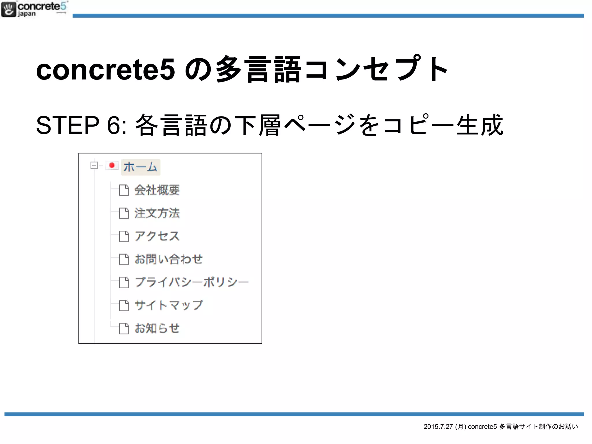 2015.7.27 (月) concrete5 多言語サイト制作のお誘い
concrete5 の多言語コンセプト
STEP 6: 各言語の下層ページをコピー生成
※ わかりやすくするために、ページ名をすでに翻訳していますが、まず日本語ページがそのままコピーされます。
• 下層ページもテキスト・画像等の翻訳コンテンツを
自由で直感的な操作方法で入れ替え
 