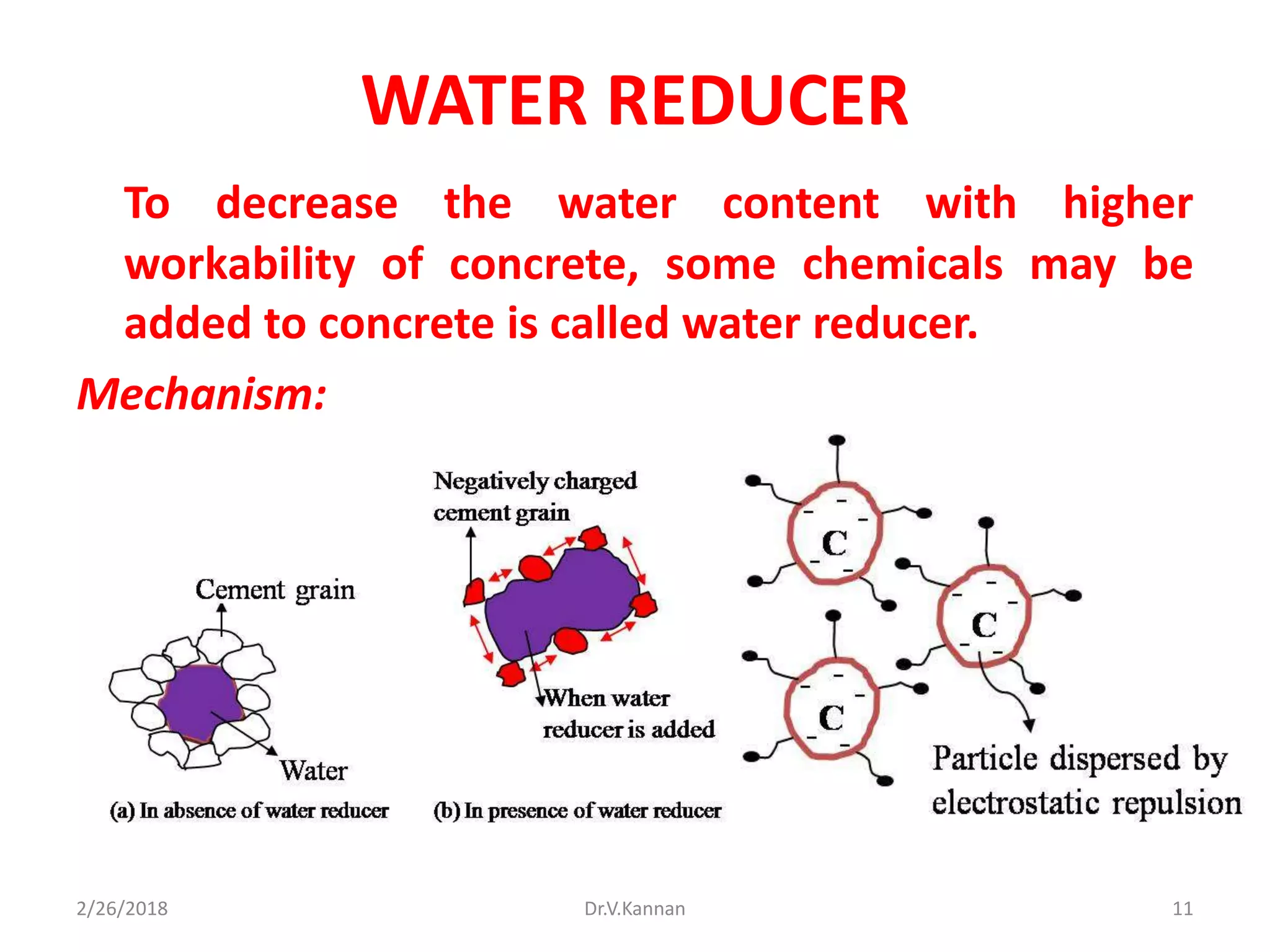 WATER REDUCER
To decrease the water content with higher
workability of concrete, some chemicals may be
added to concrete is called water reducer.
Mechanism:
2/26/2018 Dr.V.Kannan 11
 