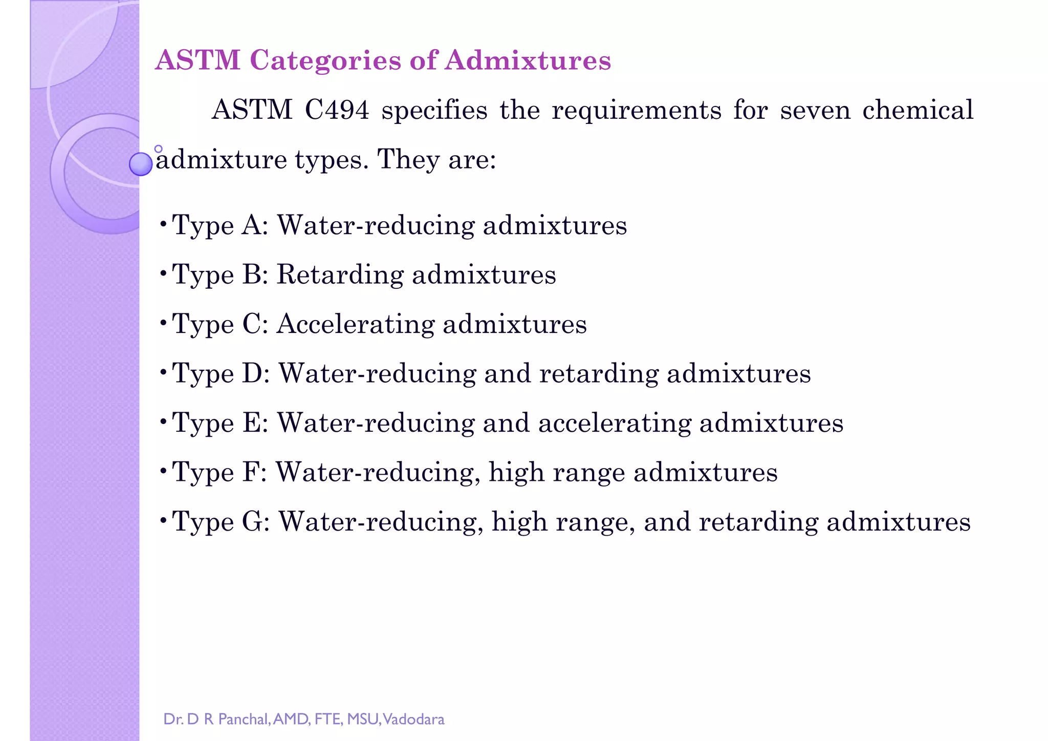 right by Dr. D R Panchal
ASTM Categories of Admixtures
ASTM C494 specifies the requirements for seven chemical
admixture types. They are:
•Type A: Water-reducing admixtures
•Type B: Retarding admixtures
•Type C: Accelerating admixtures
•Type D: Water-reducing and retarding admixtures
•Type E: Water-reducing and accelerating admixtures
•Type F: Water-reducing, high range admixtures
•Type G: Water-reducing, high range, and retarding admixtures
Dr. D R Panchal,AMD, FTE, MSU,Vadodara
 