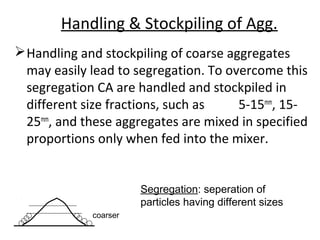 Handling & Stockpiling of Agg.
Handling and stockpiling of coarse aggregates
may easily lead to segregation. To overcome this
segregation CA are handled and stockpiled in
different size fractions, such as 5-15mm
, 15-
25mm
, and these aggregates are mixed in specified
proportions only when fed into the mixer.
coarser
Segregation: seperation of
particles having different sizes
 