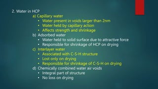 2. Water in HCP
a) Capillary water
• Water present in voids larger than 2nm
• Water held by capillary action
• Affects strength and shrinkage
b) Adsorbed water
• Water held to solid surface due to attractive force
• Responsible for shrinkage of HCP on drying
c) Interlayer water
• Associated with C-S-H structure
• Lost only on drying
• Responsible for shrinkage of C-S-H on drying
d) Chemically combined water air voids
• Integral part of structure
• No loss on drying
 