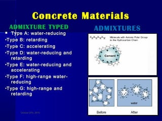 Concrete MaterialsConcrete Materials
ADMIXTURE TYPEDADMIXTURE TYPED
 Type A: water-reducingType A: water-reducing
••Type B: retardingType B: retarding
••Type C: acceleratingType C: accelerating
••Type D: water-reducing andType D: water-reducing and
retardingretarding
••Type E: water-reducing andType E: water-reducing and
acceleratingaccelerating
••Type F: high-range water-Type F: high-range water-
reducingreducing
••Type G: high-range andType G: high-range and
retardingretarding
ADMIXTURESADMIXTURES
October 27th, 2010October 27th, 2010 1212
 