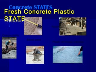 Fresh Concrete PlasticFresh Concrete Plastic
STATESTATECohesivenessCohesiveness
Mobility
Compactibility
Bleed water
Plastic shrinkage cracking
Concrete STATES
 