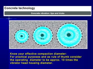 Know your effective compaction diameter:Know your effective compaction diameter:
For practical purposes and as rule of thumb considerFor practical purposes and as rule of thumb consider
the operating diameter to be approx. 10 times thethe operating diameter to be approx. 10 times the
vibrator head housing diametervibrator head housing diameter ..
 