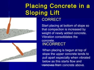 Placing Concrete in aPlacing Concrete in a
Sloping LiftSloping Lift
Placing and Finishing ConcretePlacing and Finishing Concrete
CORRECTCORRECT
Start placing at bottom of slope so
that compaction is increased by
weight of newly added concrete.
Vibration consolidates the
concrete.
INCORRECTINCORRECT
When placing is begun at top of
slope the upper concrete tends to
pull apart especially when vibrated
below as this starts flow and
removes from concrete above.
 