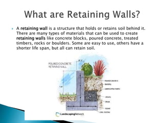  A retaining wall is a structure that holds or retains soil behind it.
There are many types of materials that can be used to create
retaining walls like concrete blocks, poured concrete, treated
timbers, rocks or boulders. Some are easy to use, others have a
shorter life span, but all can retain soil.
 
