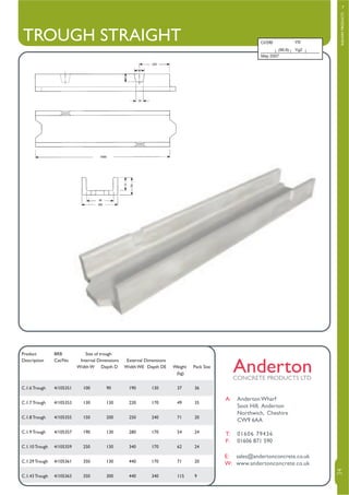 TROUGH STRAIGHT
T: 01606 79436
F: 01606 871 590
E: sales@andertonconcrete.co.uk
W: www.andertonconcrete.co.uk
A: Anderton Wharf
Soot Hill, Anderton
Northwich, Cheshire
CW9 6AA
Product BRB Size of trough
Description Cat/No Internal Dimensions External Dimensions
Width W Depth D Width WE Depth DE Weight Pack Size
(kg)
C.1.6 Trough 4/105351 100 90 190 130 37 36
C.1.7 Trough 4/105353 130 130 220 170 49 35
C.1.8 Trough 4/105355 150 200 250 240 71 20
C.1.9 Trough 4/105357 190 130 280 170 54 24
C.1.10 Trough 4/105359 250 130 340 170 62 24
C.1.29 Trough 4/105361 350 130 440 170 71 20
C.1.43 Trough 4/105363 350 300 440 340 115 9
CI/SfB Yf2
September 1999
(90.6) Yg2
May 2007
RAILWAYPRODUCTS
7
34
WWW.CABLEJOINTS.CO.UK
THORNE & DERRICK UK
TEL 0044 191 490 1547 FAX 0044 477 5371
TEL 0044 117 977 4647 FAX 0044 977 5582
WWW.THORNEANDDERRICK.CO.UK
 