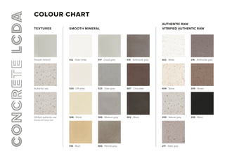 COLOUR CHART
SMOOTH MINERALTEXTURES
AUTHENTIC RAW
VITRIFIED AUTHENTIC RAW
512 - Polar white
500 - Off white
508 - Stone
402 - White
200 - Natural grey
404 - Stone
Smooth mineral
217 - Slate grey
Authentic raw 205 - Brown
Vitrified authentic raw
Glazing with epoxy resin
216 - Anthracite grey
607 - Chocolate
600 - Perloid grey
515 - Anthracite grey
523 - Slate grey
602 - Black 209 - Black
516 - Rock
517 - Cloud grey
506 - Medium grey
 