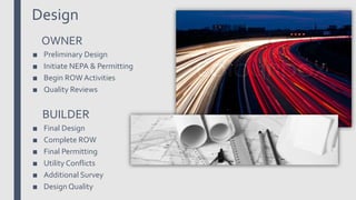 Design
OWNER
■ Preliminary Design
■ Initiate NEPA & Permitting
■ Begin ROW Activities
■ Quality Reviews
BUILDER
■ Final Design
■ Complete ROW
■ Final Permitting
■ Utility Conflicts
■ Additional Survey
■ Design Quality
 