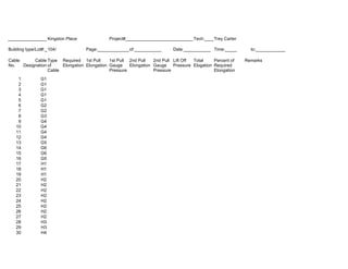 ___________________ Kingston Place              Project#____________________________Tech:_________________________
                                                                                             Trey Carter

   Building type/Lot#:___________________
                       104/            Page:_____________of:___________     Date:___________ Time:_______     to:____________

   Cable      Cable Type Required 1st Pull       1st Pull 2nd Pull   2nd Pull Lift Off Total  Percent of    Remarks
   No.   Designation of    Elongation Elongation Gauge    Elongation Gauge Pressure Elogation Required
                     Cable                       Pressure            Pressure                 Elongation
        1         G1
        2         G1
        3         G1
        4         G1
        5         G1
        6         G2
        7         G2
        8         G3
        9         G4
       10         G4
       11         G4
       12         G4
       13         G5
       14         G6
       15         G6
       16         G5
       17         H1
       18         H1
       19         H1
       20         H2
       21         H2
       22         H2
       23         H2
       24         H2
       25         H2
       26         H2
       27         H2
       28         H3
       29         H3
       30         H4
 