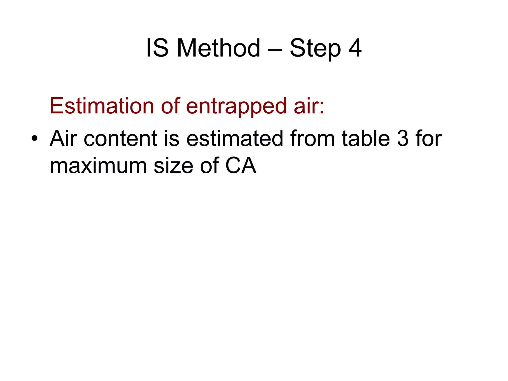 25
IS Method – Step 4
Estimation of entrapped air:
• Air content is estimated from table 3 for
maximum size of CA
 