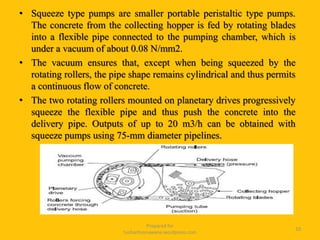 • Squeeze type pumps are smaller portable peristaltic type pumps.
The concrete from the collecting hopper is fed by rotating blades
into a flexible pipe connected to the pumping chamber, which is
under a vacuum of about 0.08 N/mm2.
• The vacuum ensures that, except when being squeezed by the
rotating rollers, the pipe shape remains cylindrical and thus permits
a continuous flow of concrete.
• The two rotating rollers mounted on planetary drives progressively
squeeze the flexible pipe and thus push the concrete into the
delivery pipe. Outputs of up to 20 m3/h can be obtained with
squeeze pumps using 75-mm diameter pipelines.
Prepared for
tusharhsonawane.wordpress.com
10
 