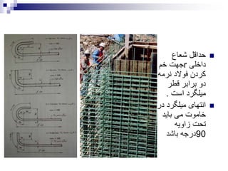 ‫شعاع‬ ‫حداقل‬
‫داخلی‬r‫خم‬ ‫جهت‬
‫نرمه‬ ‫فوالد‬ ‫کردن‬
‫قطر‬ ‫برابر‬ ‫دو‬
‫است‬ ‫میلگرد‬.
‫د‬ ‫میلگرد‬ ‫انتهای‬‫ر‬
‫باید‬ ‫می‬ ‫خاموت‬
‫زاویه‬ ‫تحت‬
90‫باشد‬ ‫درجه‬
 