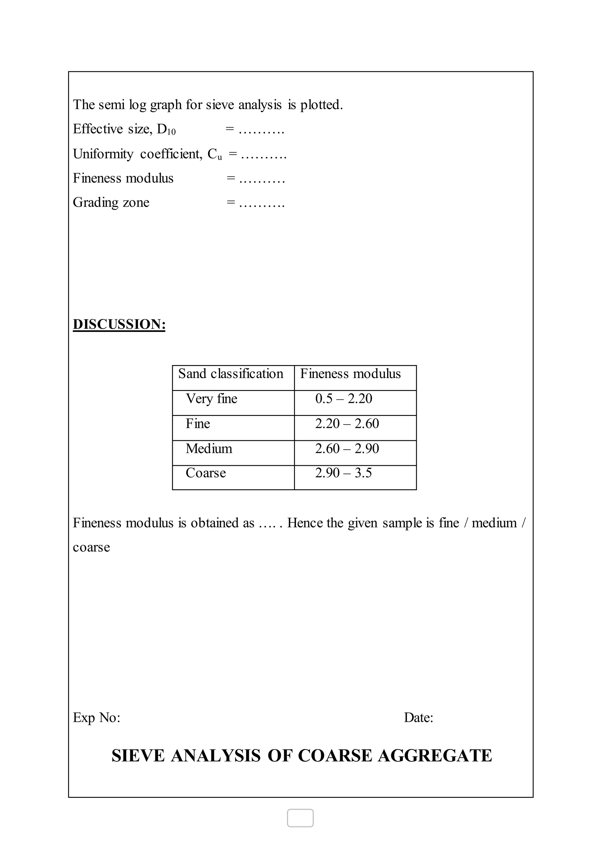 The semi log graph for sieve analysis is plotted.
Effective size, D10 = ……….
Uniformity coefficient, Cu = ……….
Fineness modulus = .………
Grading zone = ……….
DISCUSSION:
Sand classification Fineness modulus
Very fine 0.5 – 2.20
Fine 2.20 – 2.60
Medium 2.60 – 2.90
Coarse 2.90 – 3.5
Fineness modulus is obtained as …. . Hence the given sample is fine / medium /
coarse
Exp No: Date:
SIEVE ANALYSIS OF COARSE AGGREGATE
 
