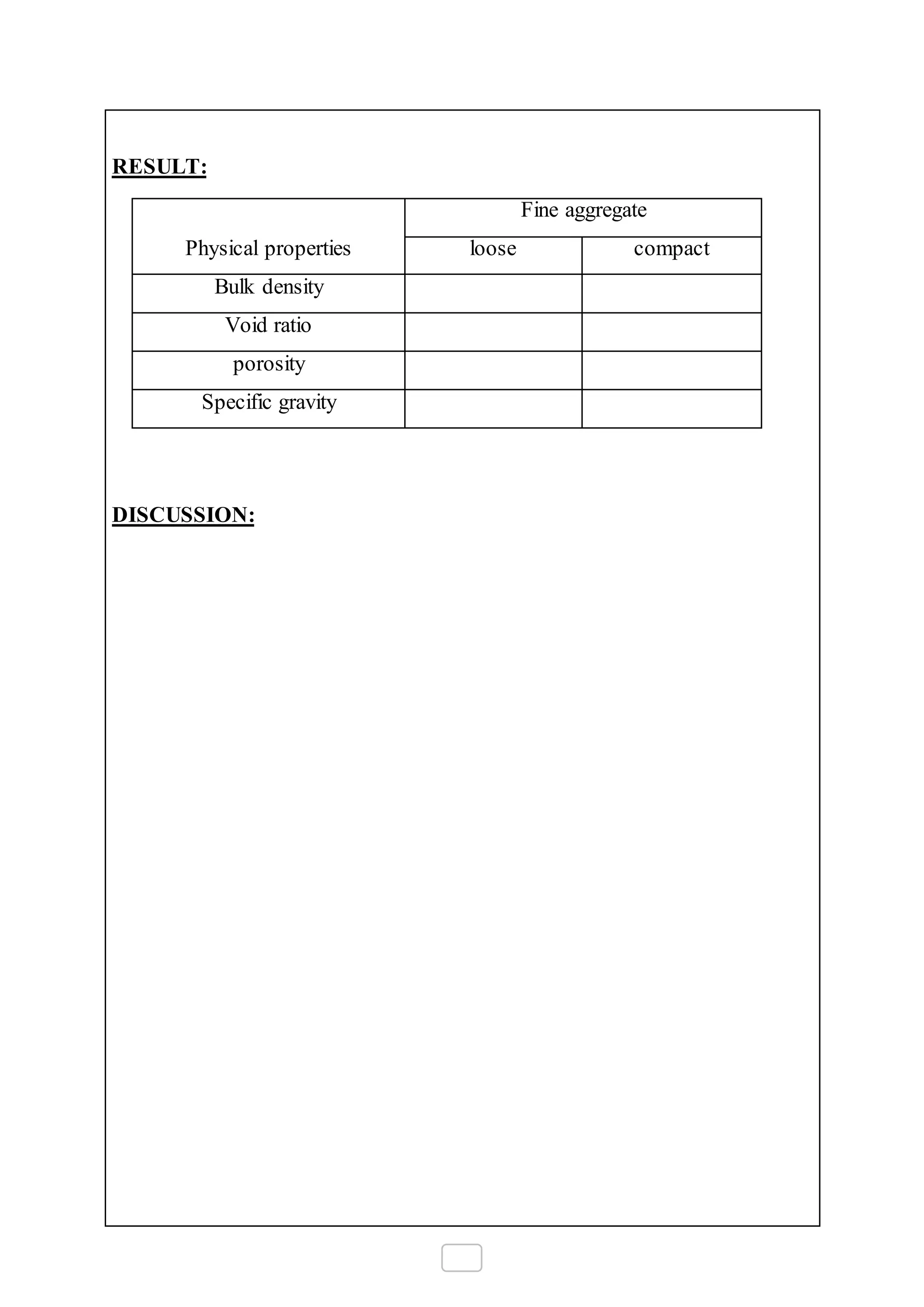 RESULT:
Physical properties
Fine aggregate
loose compact
Bulk density
Void ratio
porosity
Specific gravity
DISCUSSION:
 