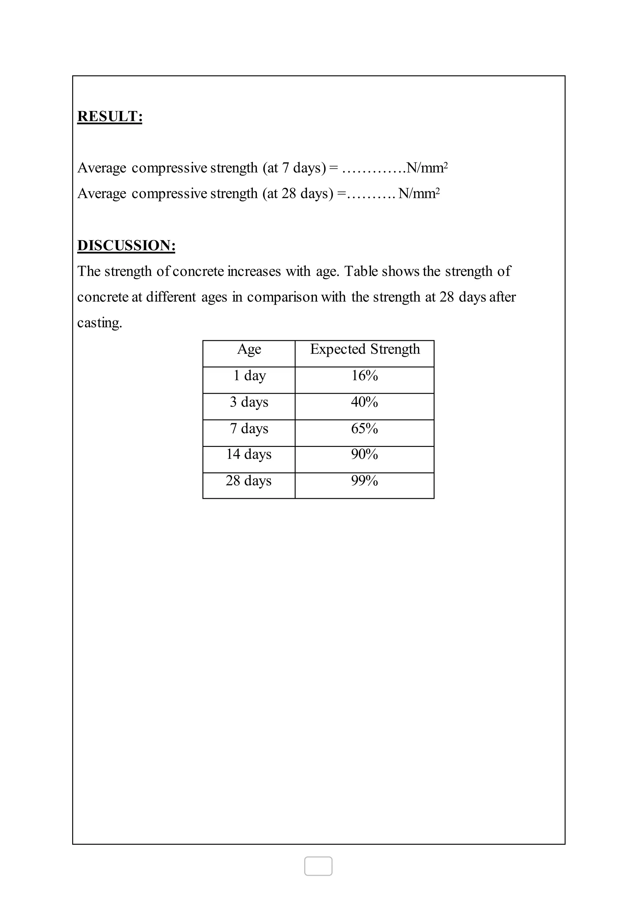 RESULT:
Average compressive strength (at 7 days) = ………….N/mm2
Average compressive strength (at 28 days) =………. N/mm2
DISCUSSION:
The strength of concrete increases with age. Table shows the strength of
concrete at different ages in comparison with the strength at 28 days after
casting.
Age Expected Strength
1 day 16%
3 days 40%
7 days 65%
14 days 90%
28 days 99%
 