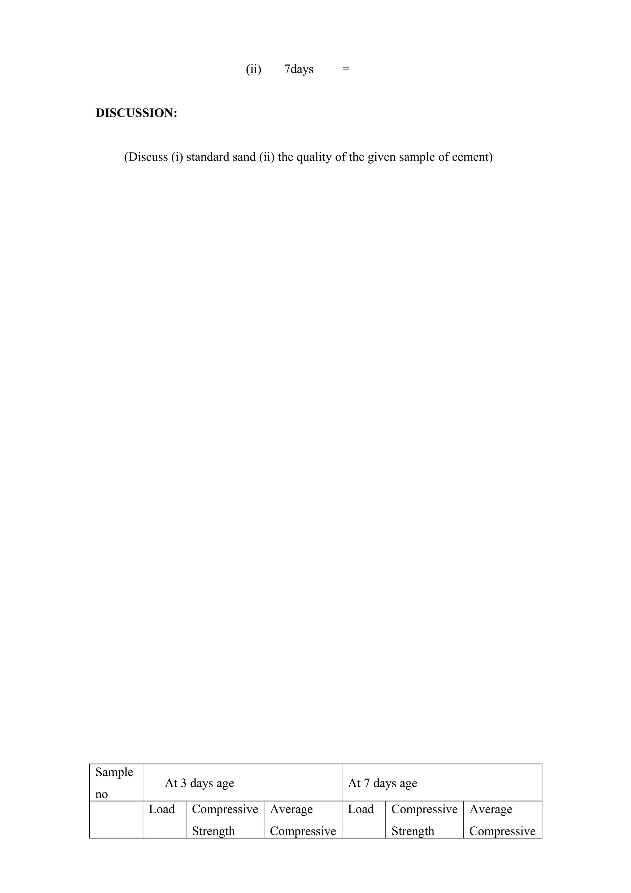 (ii) 7days =
DISCUSSION:
(Discuss (i) standard sand (ii) the quality of the given sample of cement)
Sample
no
At 3 days age At 7 days age
Load Compressive
Strength
Average
Compressive
Load Compressive
Strength
Average
Compressive
 