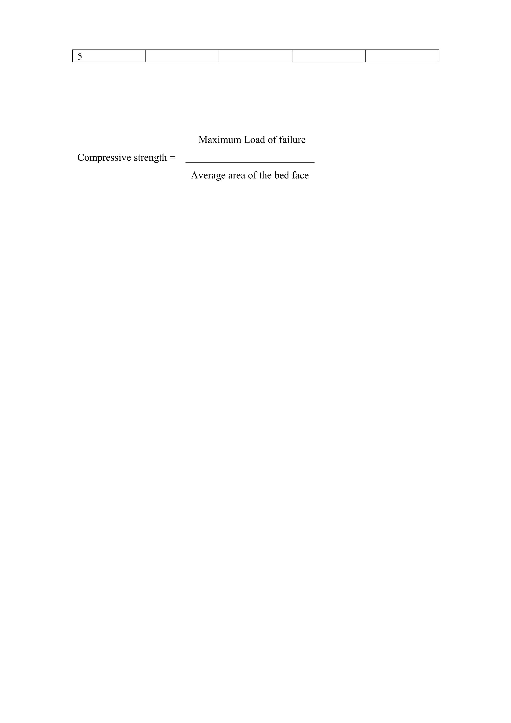 5
Maximum Load of failure
Compressive strength = _________________________
Average area of the bed face
 