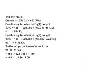 31
Trial Mix No. 1:-
Cement = 185 / 0.4 = 462.5 Kg.
Substituting the values in Eq(1), we get
1000 = 185 + 462.5/3.0 + (1/0.34) * fa /2.6)
fa = 584 Kg.
Substituting the values in Eq(2), we get
1000 = 185 + 462.5/3.0 + (1/0.66) * ca /2.65)
ca = 1156 Kg.
So the mix proportion works out to be
W : C : fa : ca
= 185 : 462.5 : 584 : 1156
= 0.4 : 1 : 1.26 : 2.50
 