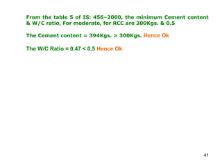 41
From the table 5 of IS: 456–2000, the minimum Cement content
& W/C ratio, For moderate, for RCC are 300Kgs. & 0.5
The Cement content = 394Kgs. > 300Kgs. Hence Ok
The W/C Ratio = 0.47 < 0.5 Hence Ok
 