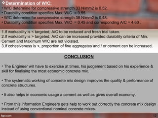 Determination of W/C:
• W/C determine for compressive strength 33 N/mm2 is 0.52.
• Durability condition specifies Max. W/C = 0.55.
• W/C determine for compressive strength 38 N/mm2 is 0.48.
• Durability condition specifies Max. W/C = 0.45 and corresponding A/C = 4.60 .
1.If workability is < targeted, A/C to be reduced and fresh trial taken.
2.If workability is > targeted, A/C can be increased provided durability criteria of Min.
Cement and Maximum W/C are not violated.
3.If cohesiveness is <, proportion of fine aggregates and / or cement can be increased.
CONCLUSIONCONCLUSION
• The Engineer will have to exercise at times, his judgement based on his experience &
skill for finalising the most economic concrete mix.
• The systematic working of concrete mix design improves the quality & performance of
concrete structures.
• It also helps in economic usage a cement as well as gives overall economy.
• From this information Engineers gets help to work out correctly the concrete mix design
instead of using conventional nominal concrete mixes.
12
 