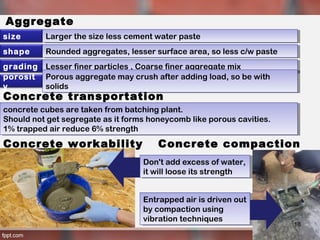 Aggregate
size Larger the size less cement water pasteLarger the size less cement water paste
shape Rounded aggregates, lesser surface area, so less c/w pasteRounded aggregates, lesser surface area, so less c/w paste
grading Lesser finer particles , Coarse finer aggregate mixLesser finer particles , Coarse finer aggregate mix
porosit
y
Porous aggregate may crush after adding load, so be with
solids
Porous aggregate may crush after adding load, so be with
solids
Concrete workability
Don't add excess of water,
it will loose its strength
Don't add excess of water,
it will loose its strength
Concrete transportation
concrete cubes are taken from batching plant.
Should not get segregate as it forms honeycomb like porous cavities.
1% trapped air reduce 6% strength
concrete cubes are taken from batching plant.
Should not get segregate as it forms honeycomb like porous cavities.
1% trapped air reduce 6% strength
Concrete compaction
Entrapped air is driven out
by compaction using
vibration techniques
Entrapped air is driven out
by compaction using
vibration techniques
18
 