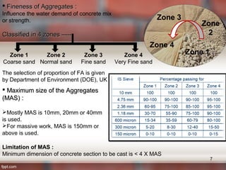  Fineness of Aggregates :Fineness of Aggregates :
Influence the water demand of concrete mix
or strength.
Classified in 4 zones –----Classified in 4 zones –----
Zone 1
Coarse sand
Zone 2
Normal sand
Zone 3
Fine sand
Zone 4
Very Fine sand
The selection of proportion of FA is given
by Department of Environment (DOE), UK
 Maximum size of the AggregatesMaximum size of the Aggregates
(MAS) :(MAS) :
Mostly MAS is 10mm, 20mm or 40mm
is used.
For massive work, MAS is 150mm or
above is used.
Limitation of MAS :
Minimum dimension of concrete section to be cast is < 4 X MAS
7
Zone 1
Zone
2
Zone 3
Zone 4
 