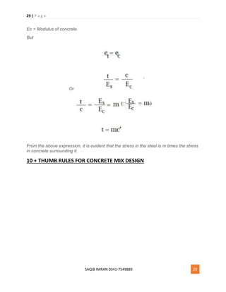 29 | P a g e
SAQIB IMRAN 0341-7549889 29
Ec = Modulus of concrete.
But
Or
From the above expression, it is evident that the stress in the steel is m times the stress
in concrete surrounding it.
10 + THUMB RULES FOR CONCRETE MIX DESIGN
 