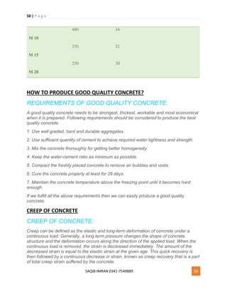 50 | P a g e
SAQIB IMRAN 0341-7549889 50
M 10
M 15
M 20
480
350
250
34
32
30
HOW TO PRODUCE GOOD QUALITY CONCRETE?
REQUIREMENTS OF GOOD QUALITY CONCRETE:
A good quality concrete needs to be strongest, thickest, workable and most economical
when it is prepared. Following requirements should be considered to produce the best
quality concrete:
1. Use well graded, hard and durable aggregates.
2. Use sufficient quantity of cement to achieve required water tightness and strength.
3. Mix the concrete thoroughly for getting better homogeneity.
4. Keep the water-cement ratio as minimum as possible.
5. Compact the freshly placed concrete to remove air bubbles and voids.
6. Cure the concrete properly at least for 28 days.
7. Maintain the concrete temperature above the freezing point until it becomes hard
enough.
If we fulfill all the above requirements then we can easily produce a good quality
concrete.
CREEP OF CONCRETE
CREEP OF CONCRETE:
Creep can be defined as the elastic and long-term deformation of concrete under a
continuous load. Generally, a long term pressure changes the shape of concrete
structure and the deformation occurs along the direction of the applied load. When the
continuous load is removed, the strain is decreased immediately. The amount of the
decreased strain is equal to the elastic strain at the given age. This quick recovery is
then followed by a continuous decrease in strain, known as creep recovery that is a part
of total creep strain suffered by the concrete.
 
