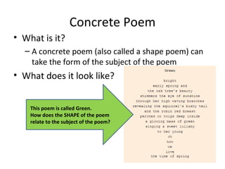 Concrete Poem ,[object Object],[object Object],[object Object],This poem is called Green. How does the SHAPE of the poem relate to the subject of the poem? 