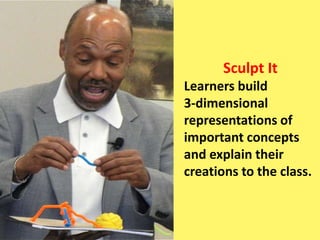 Sculpt It
Learners build
3-dimensional
representations of
important concepts
and explain their
creations to the class.
 