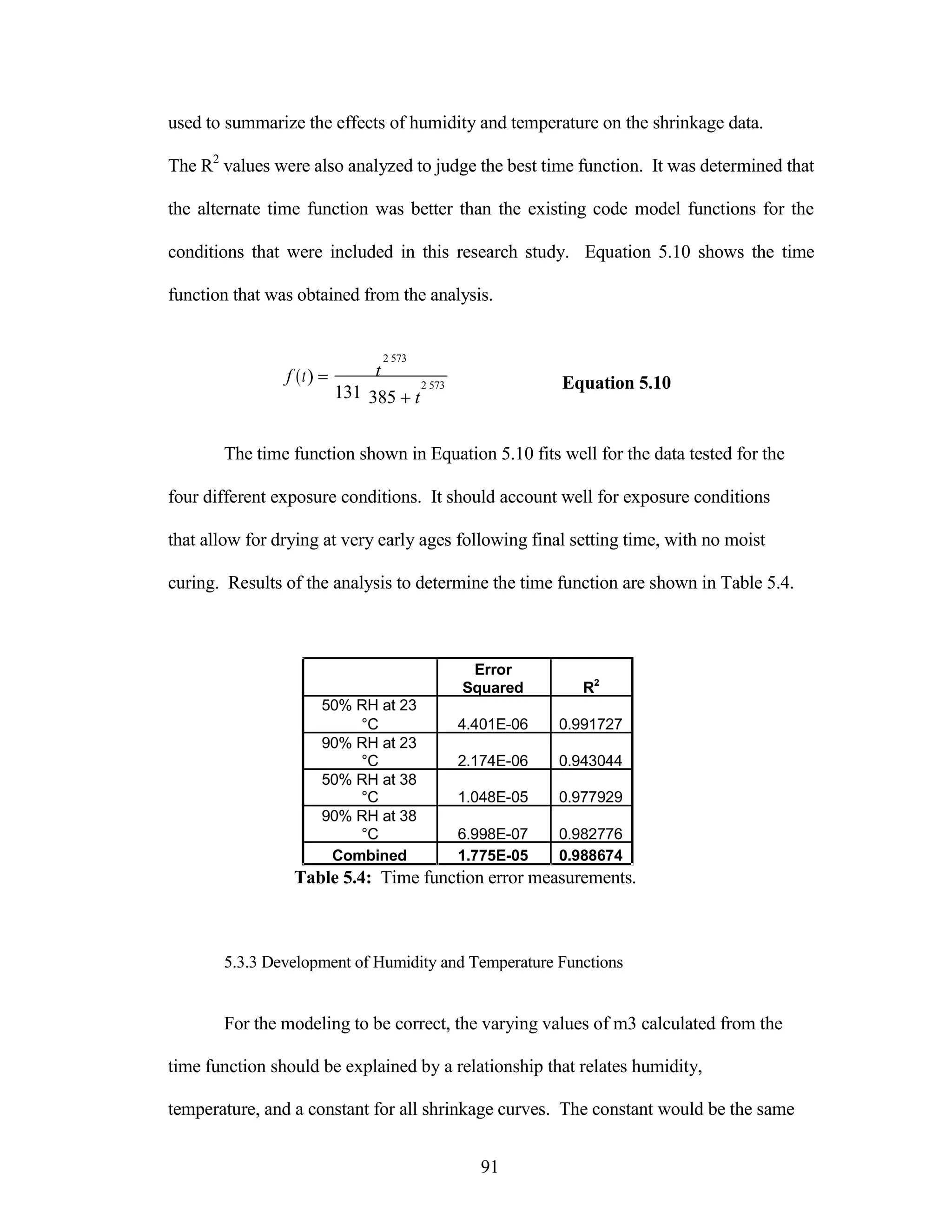 used to summarize the effects of humidity and temperature on the shrinkage data.
The R2
values were also analyzed to judge the best time function. It was determined that
the alternate time function was better than the existing code model functions for the
conditions that were included in this research study. Equation 5.10 shows the time
function that was obtained from the analysis.
f (t) 
131
2 573
t
2 573 Equation 5.10
385 t
The time function shown in Equation 5.10 fits well for the data tested for the
four different exposure conditions. It should account well for exposure conditions
that allow for drying at very early ages following final setting time, with no moist
curing. Results of the analysis to determine the time function are shown in Table 5.4.
Error
Squared R2
50% RH at 23
°C 4.401E-06 0.991727
90% RH at 23
°C 2.174E-06 0.943044
50% RH at 38
°C 1.048E-05 0.977929
90% RH at 38
°C 6.998E-07 0.982776
Combined 1.775E-05 0.988674
Table 5.4: Time function error measurements.
5.3.3 Development of Humidity and Temperature Functions
For the modeling to be correct, the varying values of m3 calculated from the
time function should be explained by a relationship that relates humidity,
temperature, and a constant for all shrinkage curves. The constant would be the same
91
 